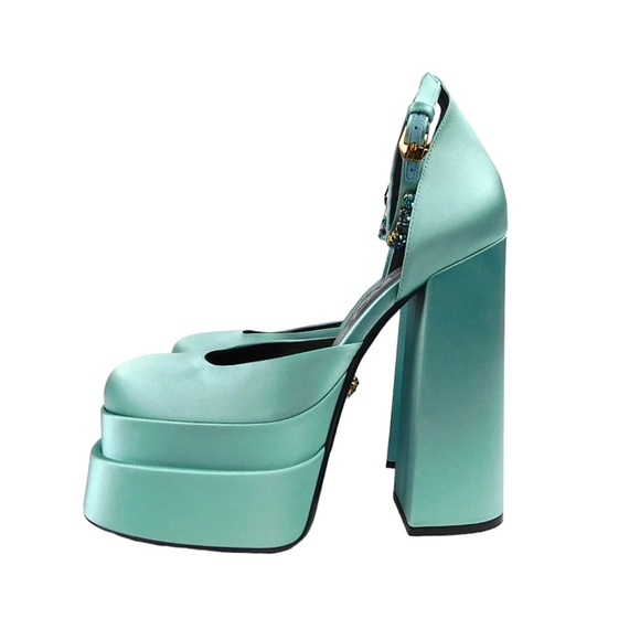 NWT Authentic Versace Medusa Aevitas Platform Mary Janes Pump blue satin Size 39 - Picture 2 of 13